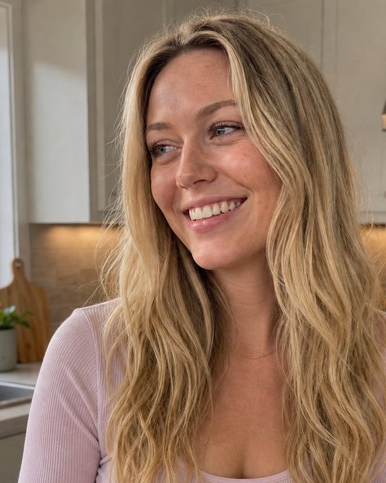 Poppy Sterling, a smiling woman with long wavy blonde hair, holding a mug in a bright kitchen